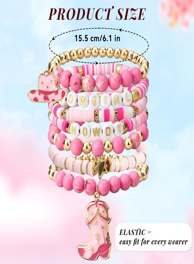 JOLYEAK 7Pcs Western Cowgirl Bracelets,Rainbow Clay Beaded Bracelet,Vintage Beaded Western Bracelet,Stackable Bohemian Bracelets for Women Cowgirl (Pink) - Image 2